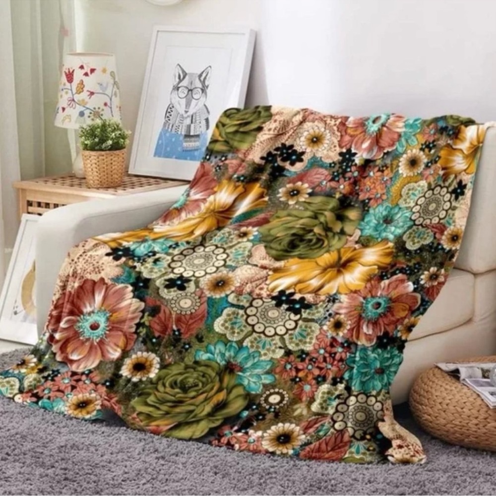 New Boho Floral Fleece Throw Blanket Bedspread Bedding - 50" x 60"